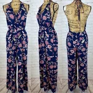Angie Blue Floral Print Halter Style Wide Leg Jumpsuit Size Large